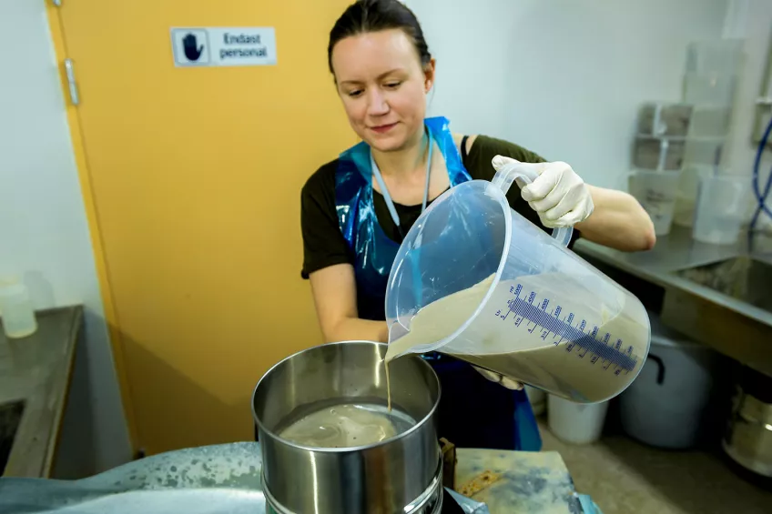 Woman mixing material in a container in a laboratory. Photo.