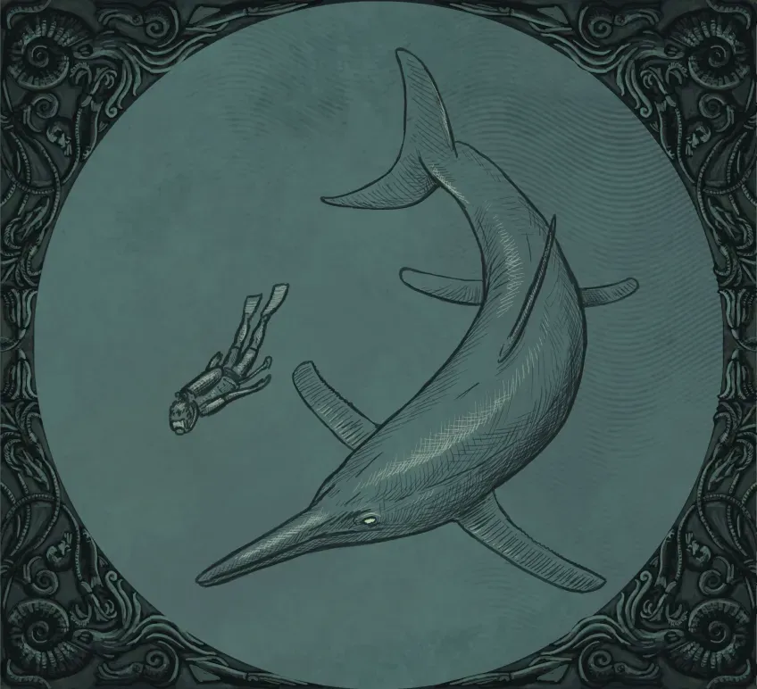 Illustration of size comparison between diver and creature.